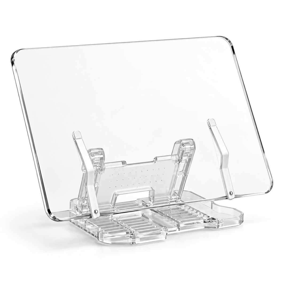 Clear acrylic reading stand on a white background