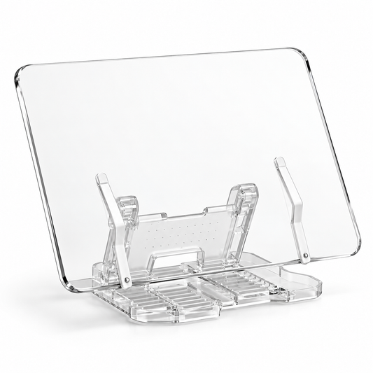 Clear acrylic reading stand on a white background