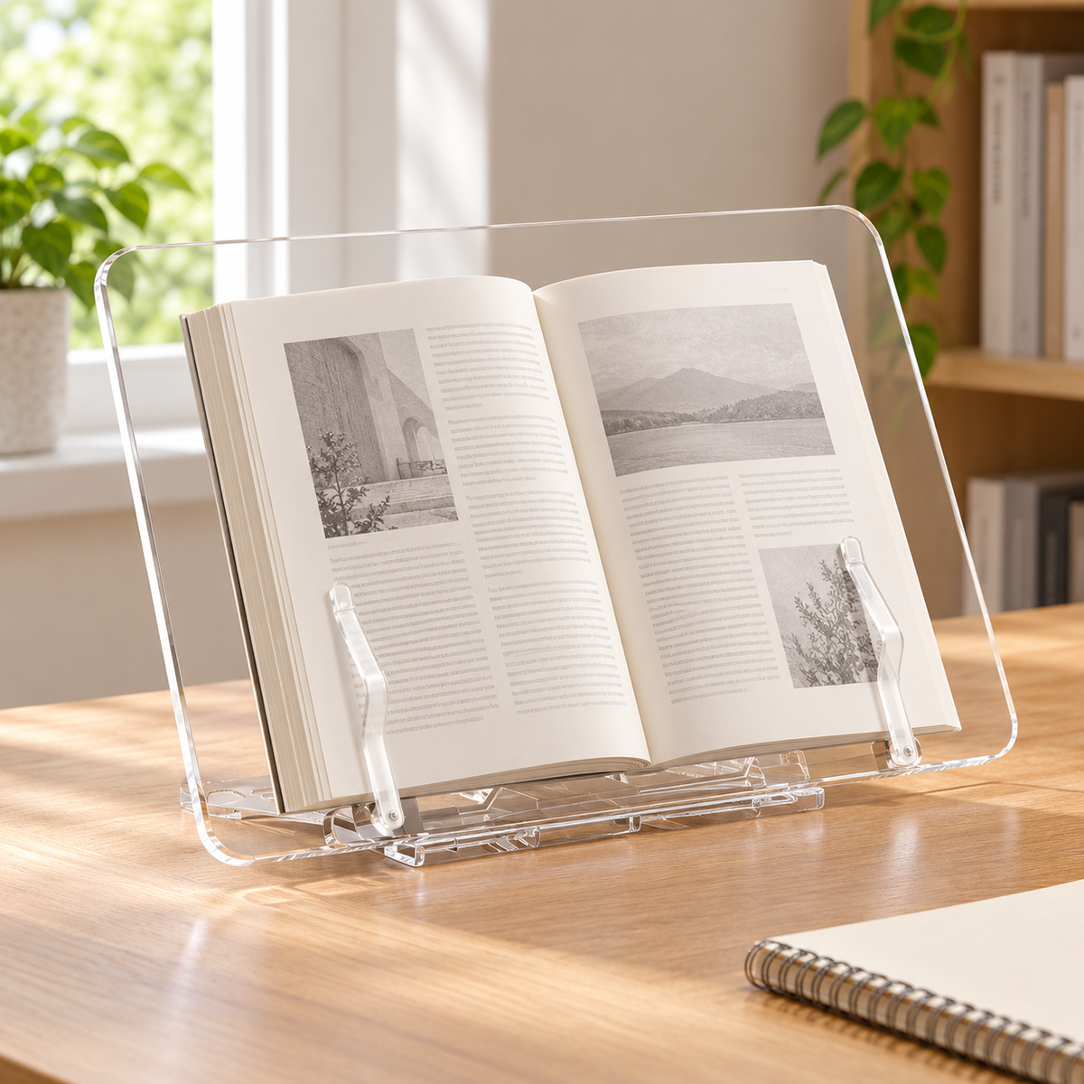Reading stand supporting an open book on a desk