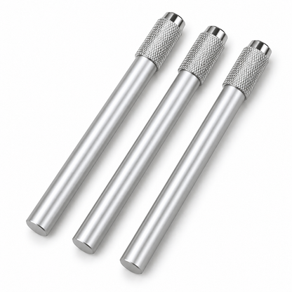 Three empty silver metal pencil extenders