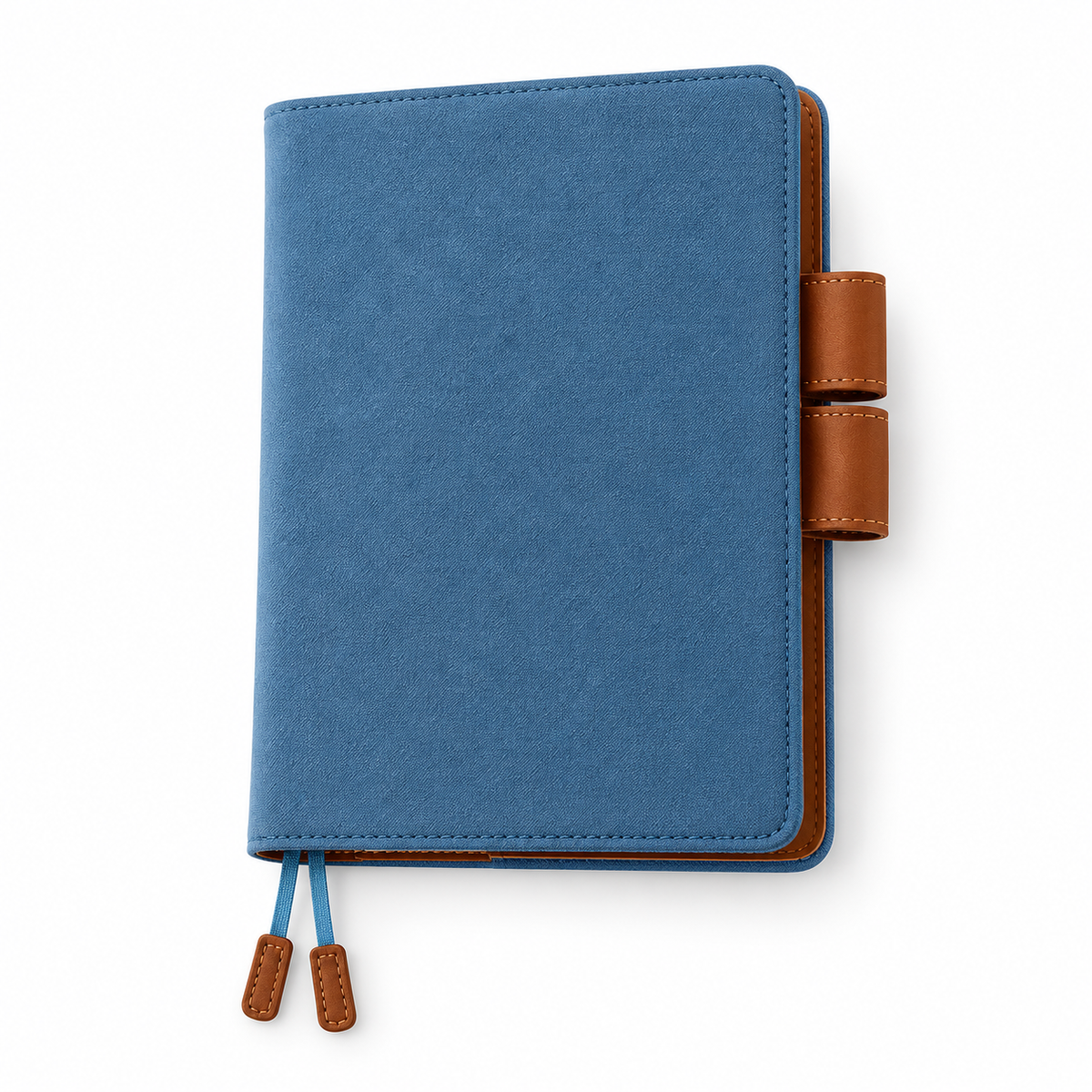 Closed smoke-blue A5 fabric cover with brown pen loops