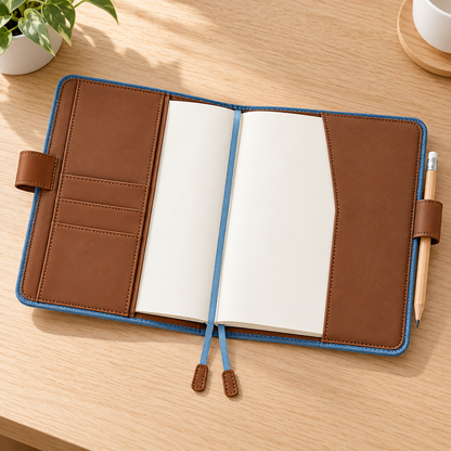 Book cover holding a notebook on a writing desk