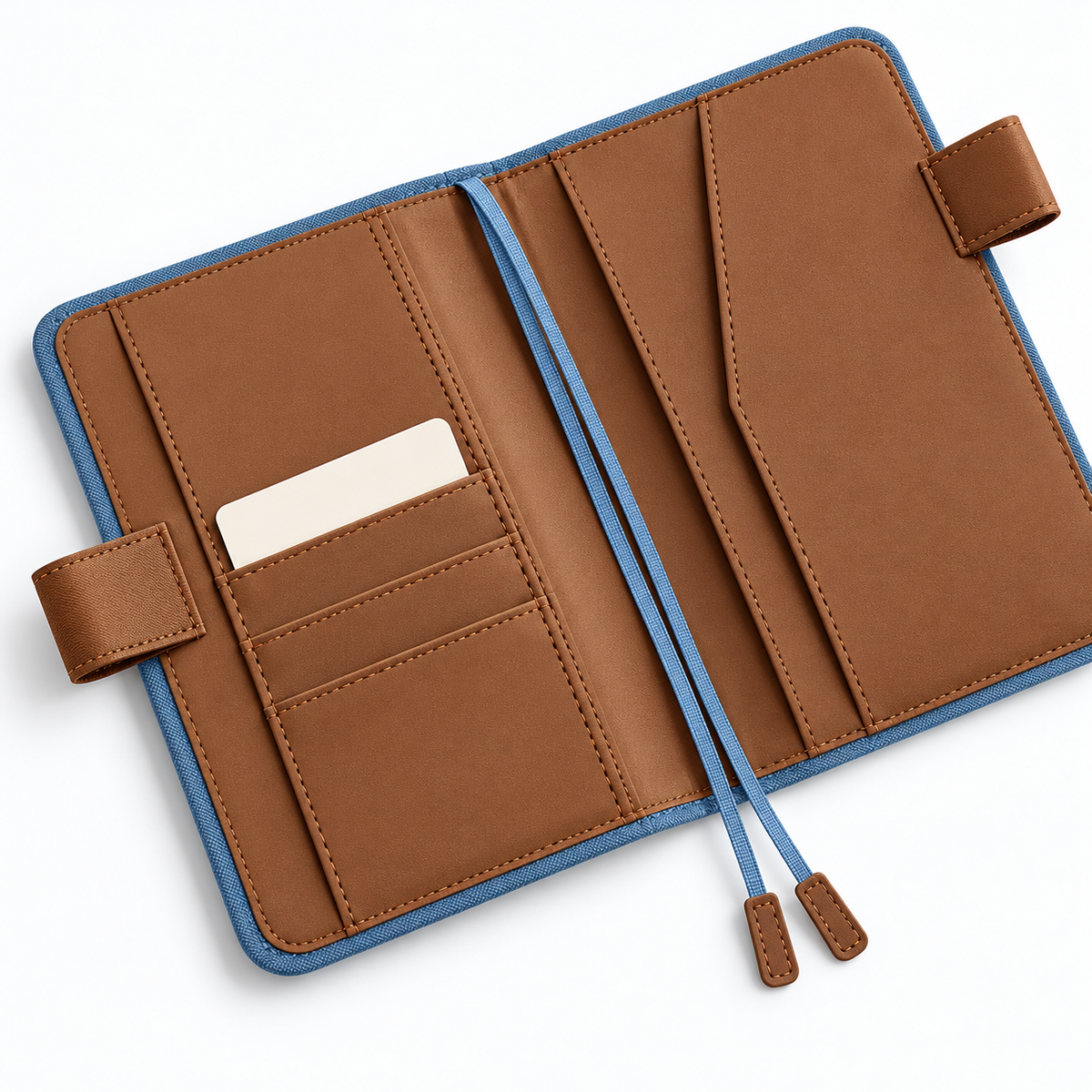 Brown inner card slots and blue fabric edging
