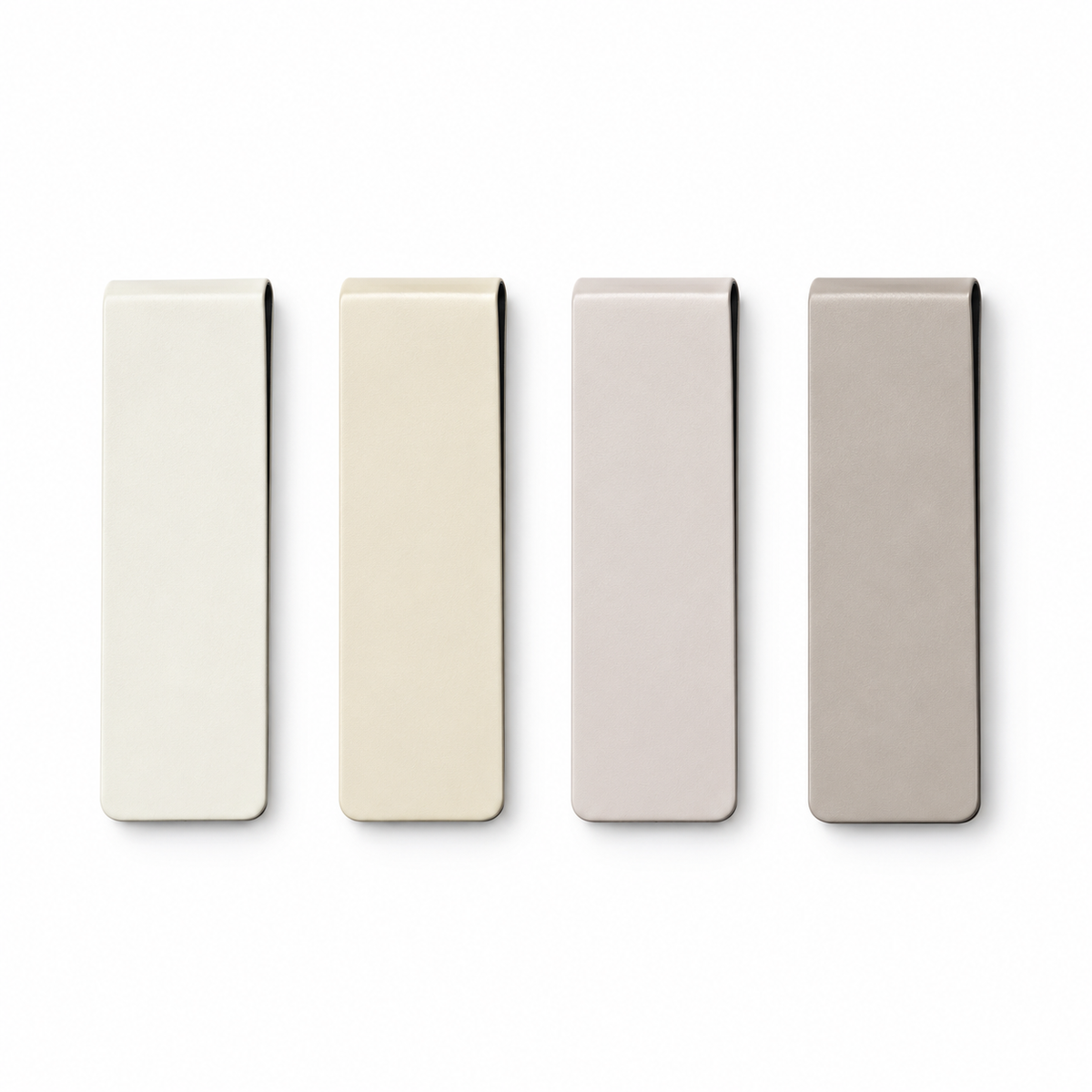 Four warm-neutral magnetic bookmarks on white