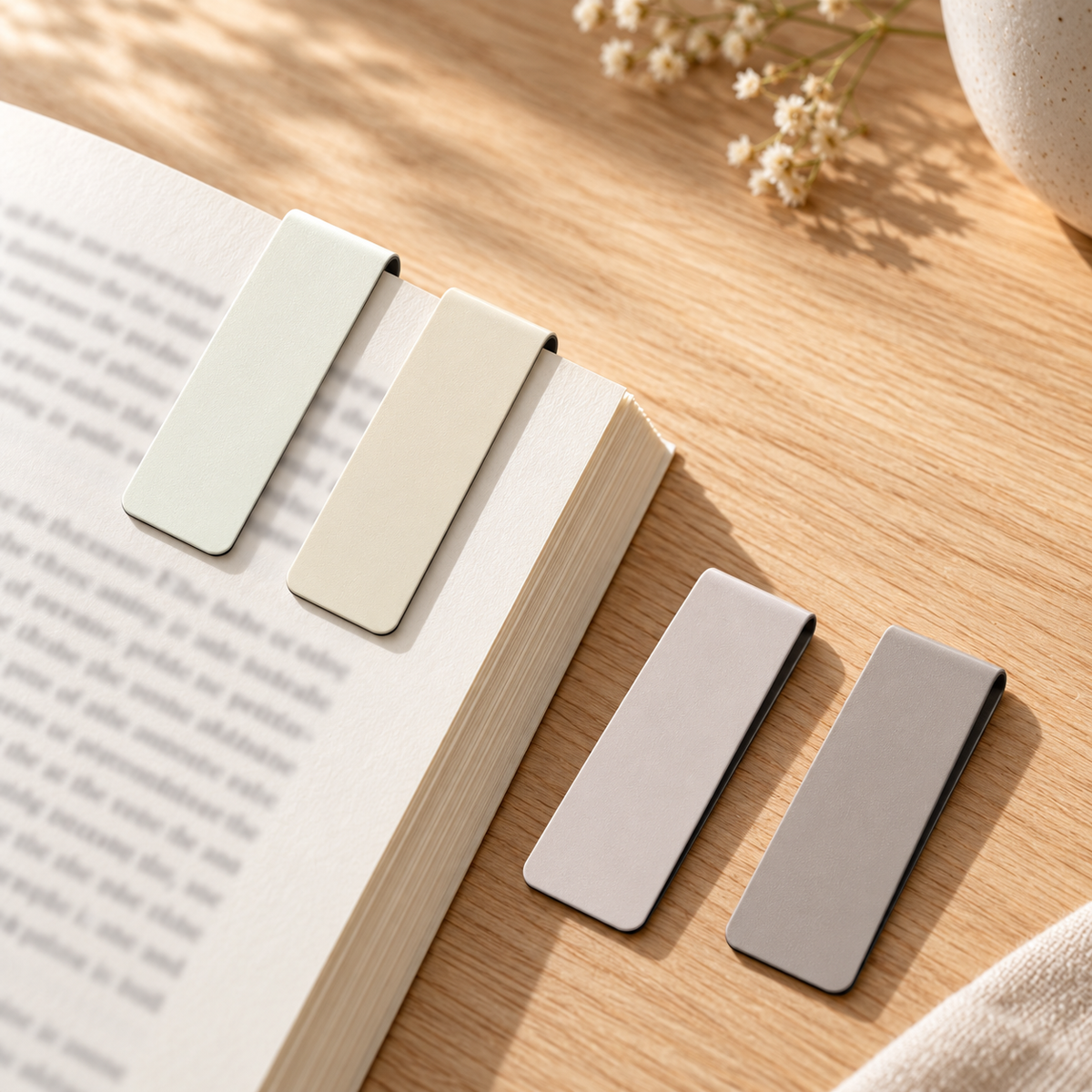 Neutral bookmarks marking an open book