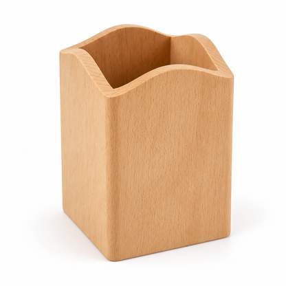 Empty natural wood pencil cup with wavy rim