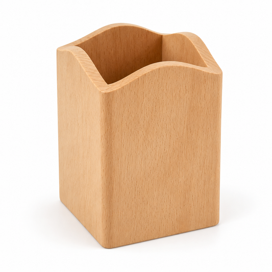 Empty natural wood pencil cup with wavy rim