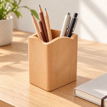 Wooden cup organizing pens and pencils