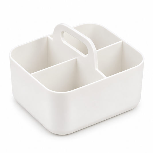 Empty white four-compartment desk caddy