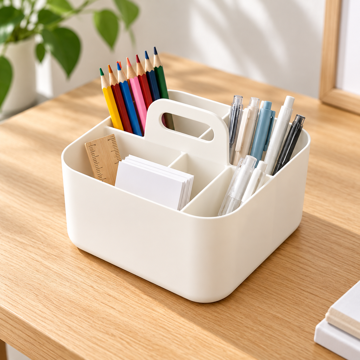Desk caddy organizing pencils, pens and cards